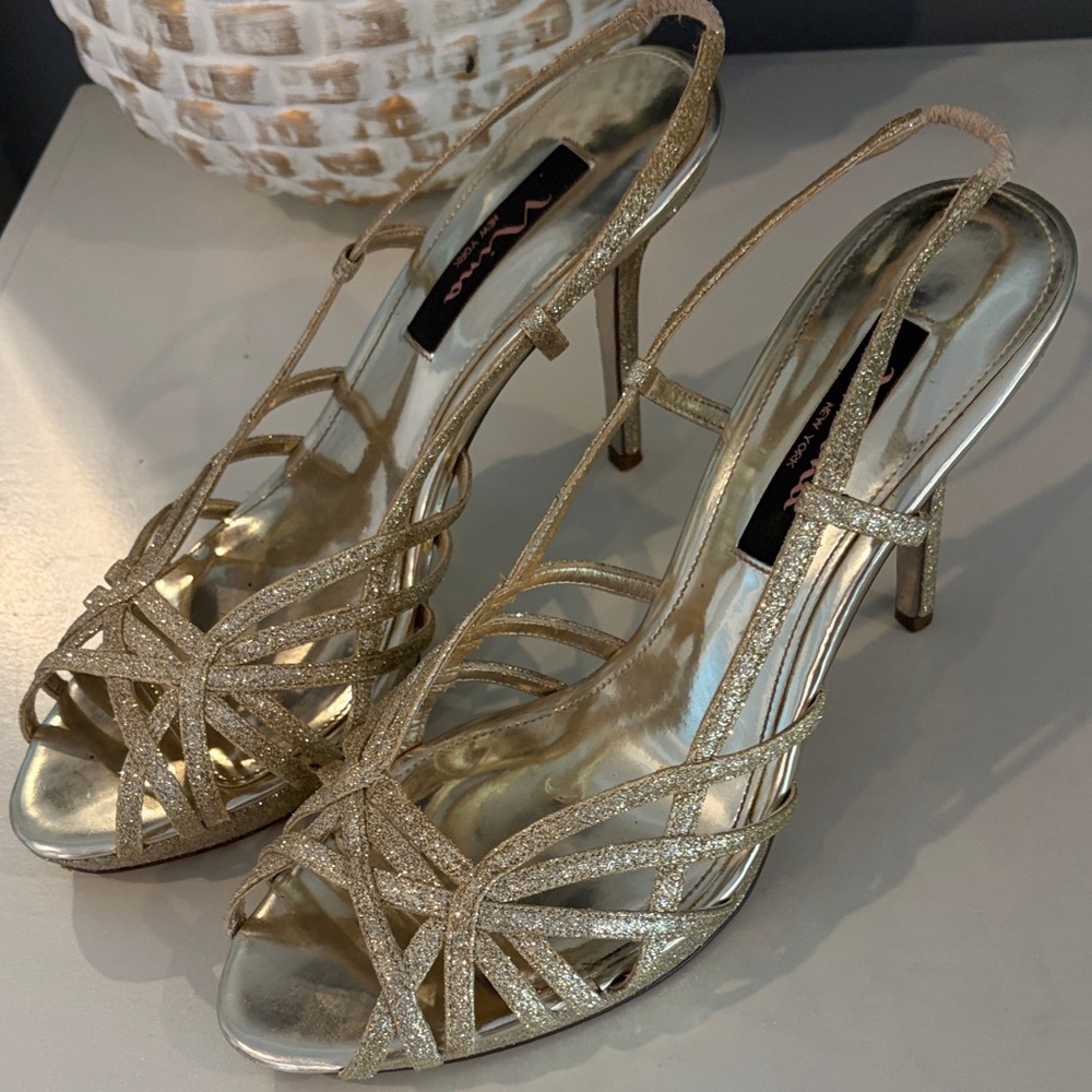 Nina Gold Glitter Strappy Slingback Heels